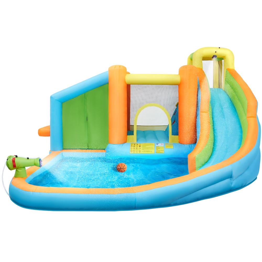 Yaheetech Inflatable Bounce House With Water Slide For Kids, Splash Pool & Water Cannon & Toy Market Stand & Bouncer Area & Climbing Wall & Slide & Basketball Hoop, Storage Bag & 520W Blower,Cyan