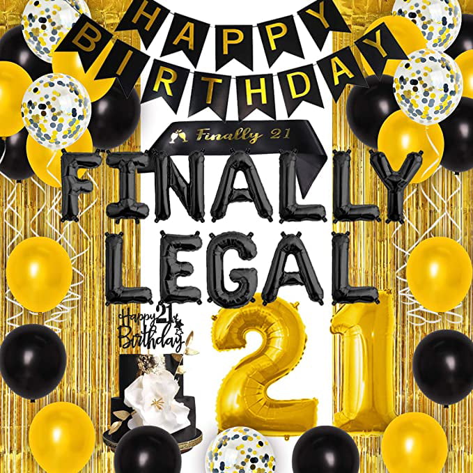 Meuparty Finally 21st Legal Birthday Decorations Balloons Themed Happy 21st Birthday Banner Sash Tinsel Backdrop Black Gold for Him Her - Walmart.com