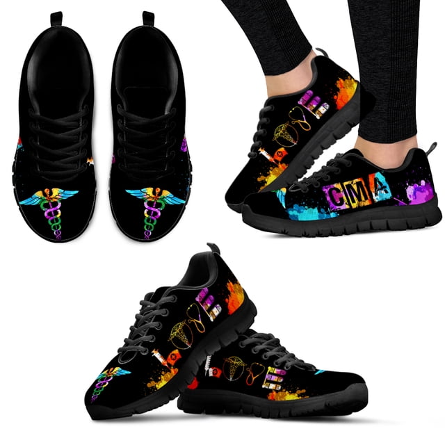 Zapatos de moda con diseño de grafiti colorido y estampado CMA, cómodos zapatos de enfermería con diseño de enfermera, zapatillas casuales negras