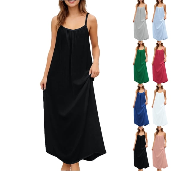 Lenago Dresses for Women Summer Solid Color Waist-Cropped Sleeveless Flowing Strappy Lapel Long Dress Beach Vacation Clothes