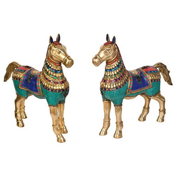 Exotic India Pair of Decorated Horses Brass Statue, Multicolor