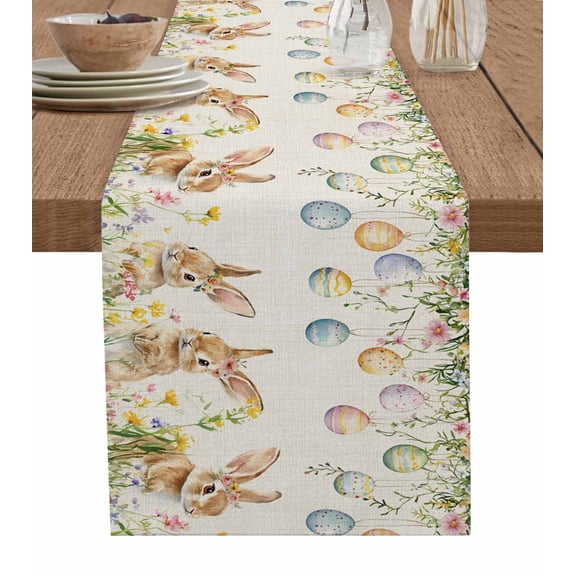 Easter Rabbit Table Runner 72 Inches, Retro Colorful Eggs Flowers Vines Herbs Bed Runner Dresser Scarves Tabletop for Indoor Outdoor Parties/Ceremony/Banquet, 13" x 72"