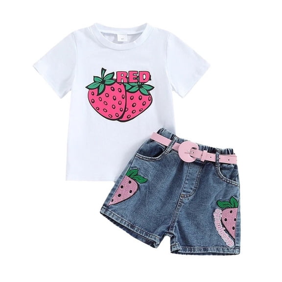 Bearichfupo Toddler Girls Short Sleeve T Shirt Tops Denim Strawberry Embroider Shorts Outfits,Girls' Short Sets Sizes 2-3 Years