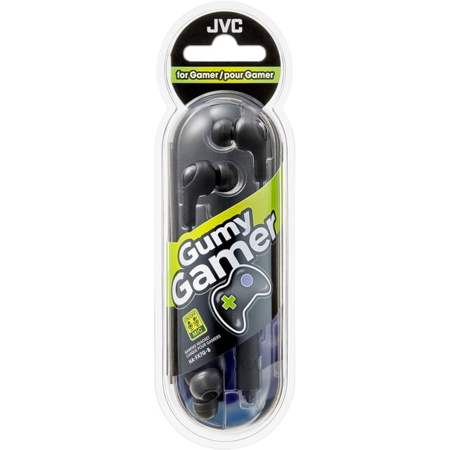 JVC Gumy Gamer, Auriculares intrauditivos con micrófono, control remoto e interruptor de silencio para jugar y chatear, sonido potente, ajuste cómodo y seguro, auriculares de silicona S/M/L - HAFX7GB