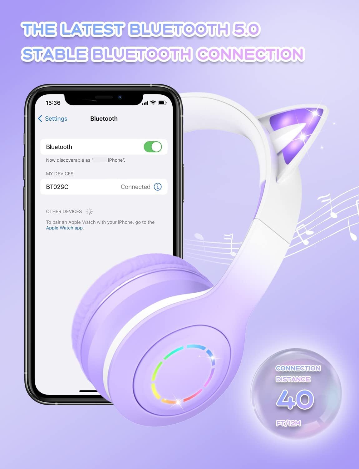 Cat Ear Kids Bluetooth Headphones for Girls for School, Foldable Wired Gaming Headset with Microphone & 3.5mm Jack, Adjustable Headband Teens Toddlers Wireless Earphones for Tablet/PC