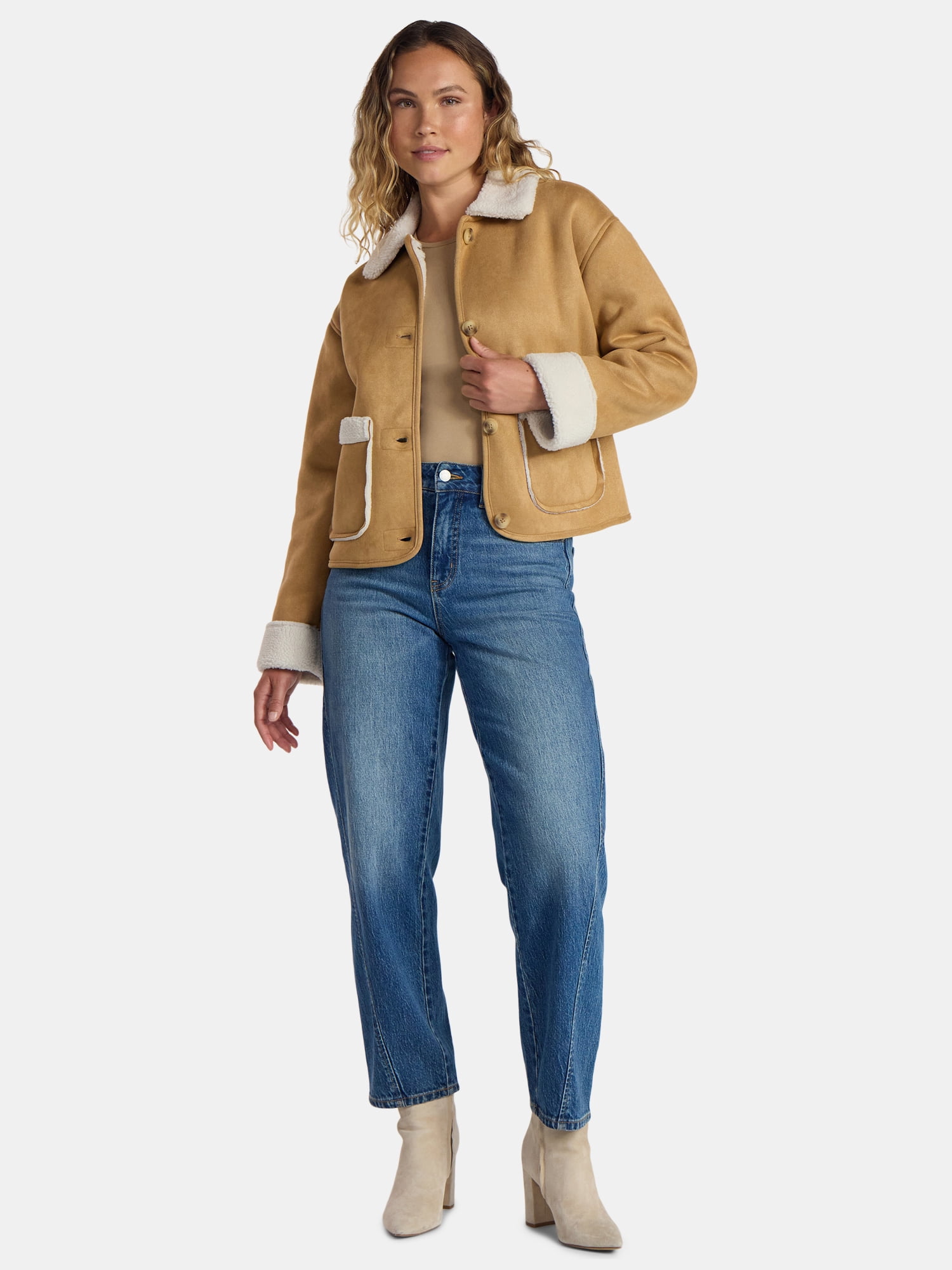 Time and Tru Women's and Women's Plus Bonded Faux Shearling Jacket, Sizes XS-2X