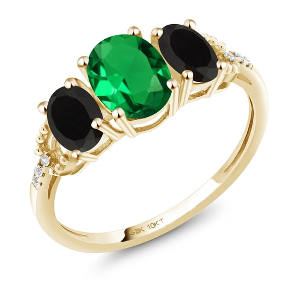 Gem Stone King 10K Yellow Gold 3-Stone Diamond Engagement Ring 1.42 Ct Oval Green Simulated Emerald Black Onyx (Size 6)