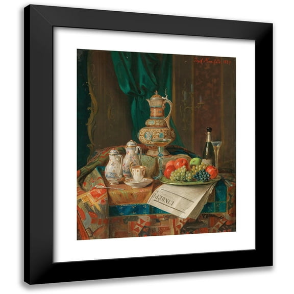 Josef Mansfeld 12x14 Black Modern Framed Museum Art Print Titled - A Still Life with a Historicist Ewer, a Plate of Fruit and a Newspaper (1884)