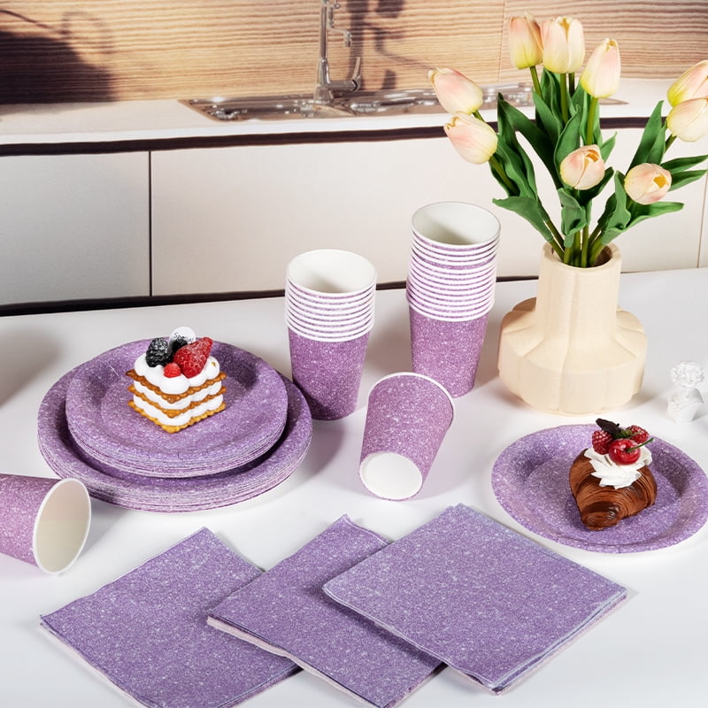120 Pcs Purple Plates and Napkins Party Supplies, Disposable Paper Tableware Decorations Birthday Table Dinnerware Favors Set