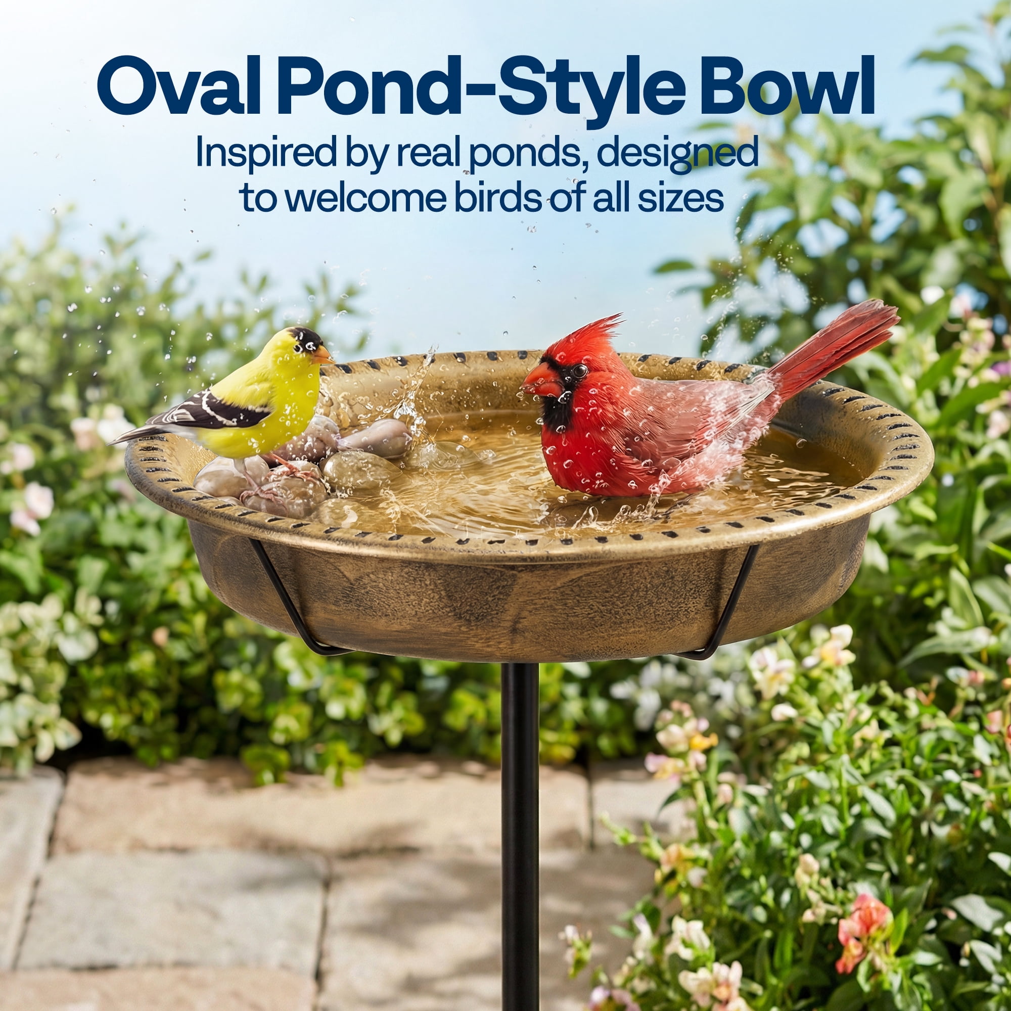 SPECSTAR Oval Bird Bath for Outside, Outdoor Birdbath Bowl with Metal Ground Stake, Weather-Resistant ABS Bird Bath and Feeder for Garden, 1.3 Gallons, Copper