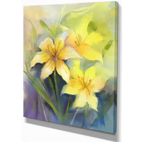 Designart - Watercolor Painting Yellow Lily Flower - Large Floral Canvas Artwork