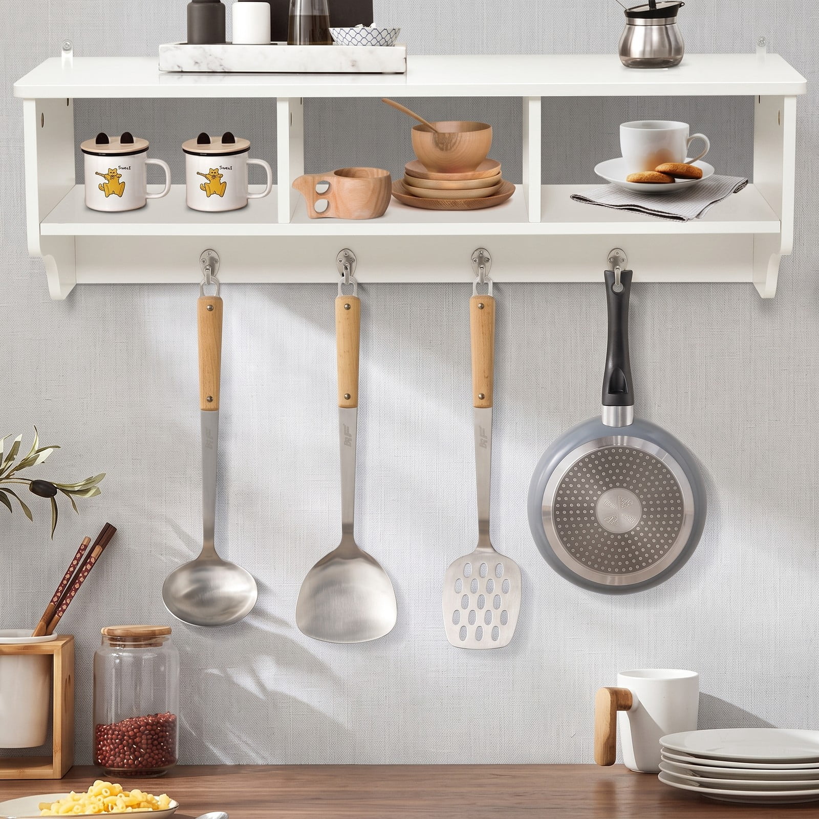 Furnibear Wall Mounted Coat and Hat Rack with Cubby Storage Shelf and 4 Hooks for Entryway Living Room and Bathroom, White