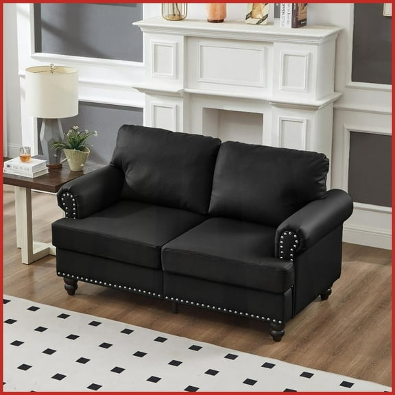 59.5" Modern Classic Imitation Leather Loveseat with Nail Trim - Black, Living Room Sofa with Storage & Removable Covers
