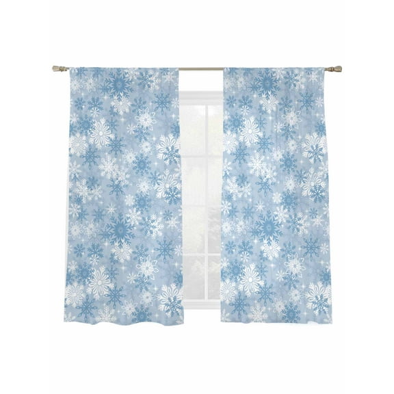 Christmas Sky Sheer Curtains 2 Panels Set, Blue Snowflakes Winter Classic Window Sheer Curtains for Living Room/Bedroom, Light Filtering Rod Pocket Voile Drapes, 52" W x 72" L