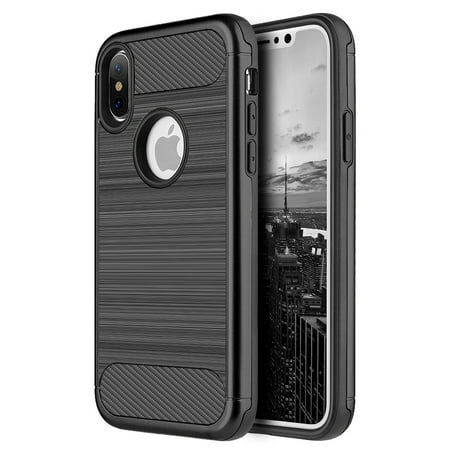Tech Rubber - DreamWireless Carbon Tech Silk Dual Layer Hybrid Brushed Hard Plastic/Soft TPU Rubber Case Cover For Apple iPhone X XS 2017, Black