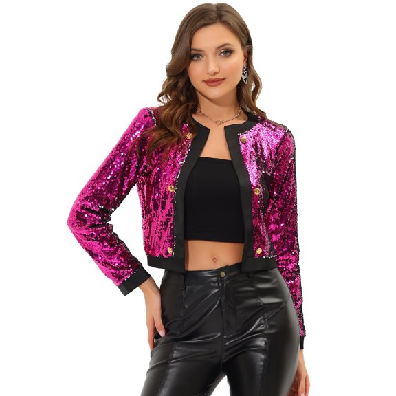 Unique Bargains Women's Open Front Sparkly Sequin Shrug Cropped Jacket XS Fuchsia