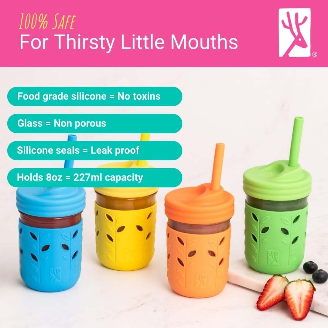 Kids + Toddler Glass Cups | The Original 8oz Glass Mason Jar with Sleeves + Lids | Silicone Straws + Stopper | Smoothie Cup | Food Storage | Spill Resistant | Dishwasher Safe | 4 Pack