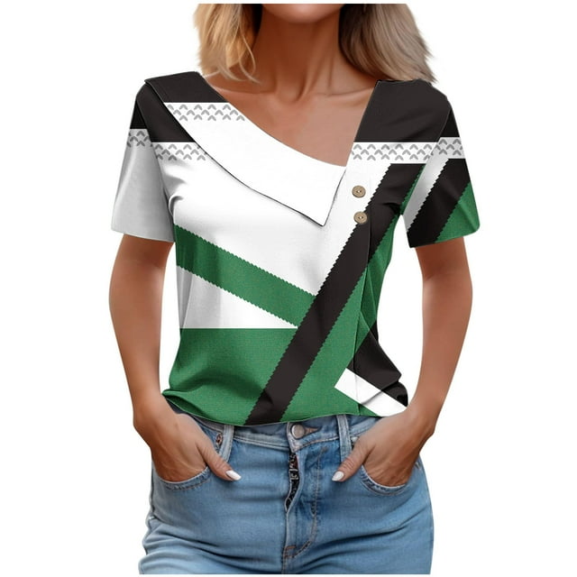 Tops de Algodón para Mujeres Cuello en V Casual de Manga Corta, Imitación Algodón Primavera Y Blusa de Verano