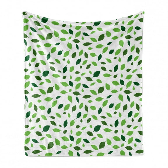 Nature Soft Flannel Fleece Throw Blanket, Botanical Leafage Pattern Forest Foliage Growth of Season Plants Organic, Cozy Plush for Indoor and Outdoor Use, 60" x 80", Emerald Green White, by Ambesonne
