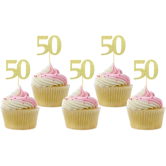 Gold Glitter 50th Birthday Cupcake Toppers, Cheers to 50 Years, Anniversary Party Decorations, 12 Pack