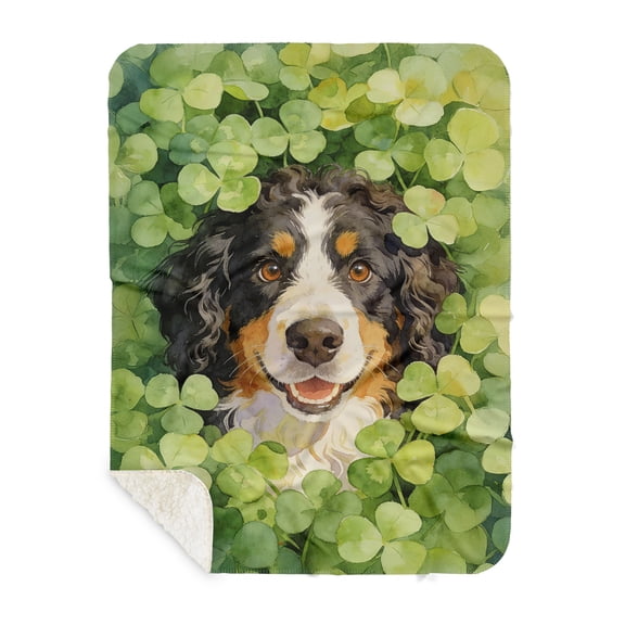 Happy Bernedoodle Welcome St Patrick's Day Lucky Shamrocks Clover Cozy Sherpa Blanket Doodle Dog Lover Warm Soft Throw Blanket - 22001