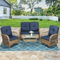 4 Pieces Outdoor Wicker Patio Furniture Set, All Weather Patio Conversation Cushioned Sectional Sofa Set with Glider Loveseat/2 Rocking Glider Chairs/Matching Glass Coffee Table, Navy