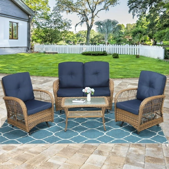 4 Pieces Outdoor Wicker Patio Furniture Set, All Weather Patio Conversation Cushioned Sectional Sofa Set with Glider Loveseat/2 Rocking Glider Chairs/Matching Glass Coffee Table, Navy