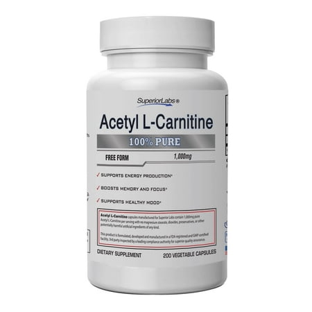 Acetyl-L-Carnitine By Superior Labs - 100% Pure, 1,000mg, 200 Vegetable Capsules - Made in USA