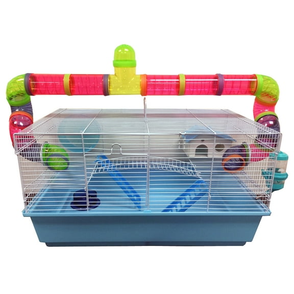 LARGE 3-Tiers Hamster Habitat Mouse Home Gerbil Cage With Long Crossover Entrance Tube Tunnel Expansion Outlet 5.5" Deep Base For Rodent Rat Mice