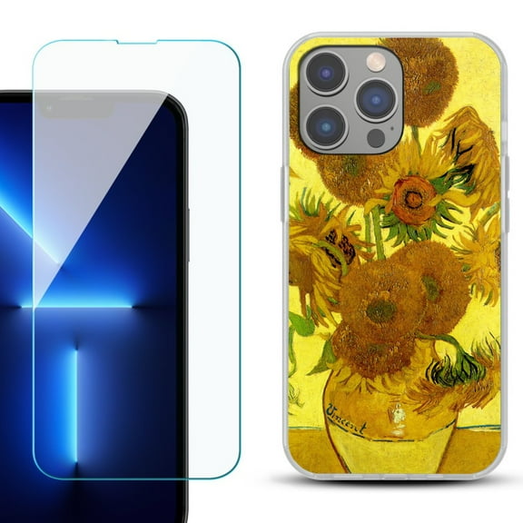 Slim-Fit Gel TPU Phone Case for iPhone 14 Pro Max, with Tempered Glass Screen Protector, by OneToughShield ® - Sunflower