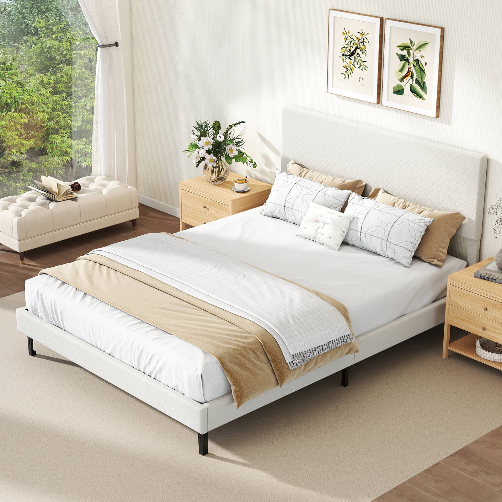 Costway Queen Size Velvet Bed Frame with Height Adjustable Chevron Headboard,Noise Free Beige
