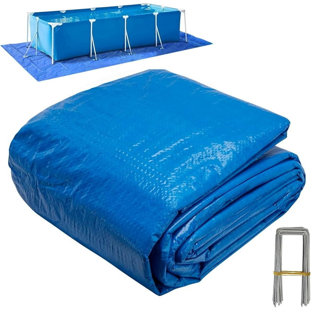 20 x 12 Ft Rectangular Pool Ground Cloths, Waterproof PE Swimming Pool Liner Pad, Heavy Duty Above Ground Pool Mat Protector Tarp with Stakes for Pools Bottom Prevents Punctures