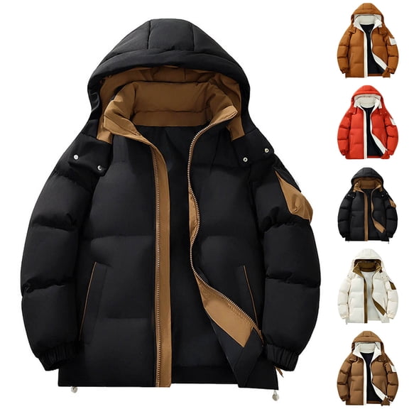 Zedker Men's Winter Warm Coat Puffer Jacket Fleece Lined Water Repellent Windproof Warm Parka Winter Coat with Hood Beige L