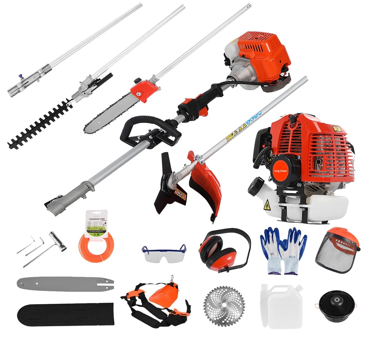 Floseru Powerful Gas String Trimmer,Full Functioning Guard Accessories Hedge Trimmer String Trimmers Lawn Mower 52CC Petrol Hedge Trimmer Chainsaw Brush Cutter