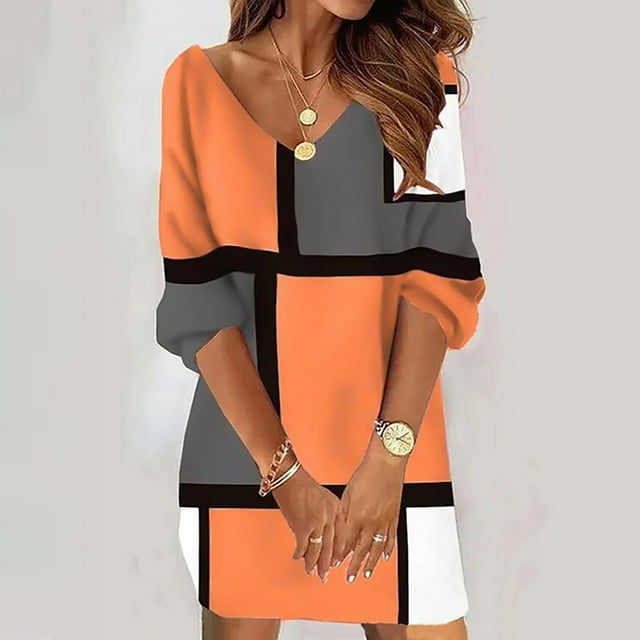Pisexur Robe à Manches Longues à Col en V Robe Imprimée à Manches Longues pour Femmes Robe Ample Robe Mode Robe pour Femmes