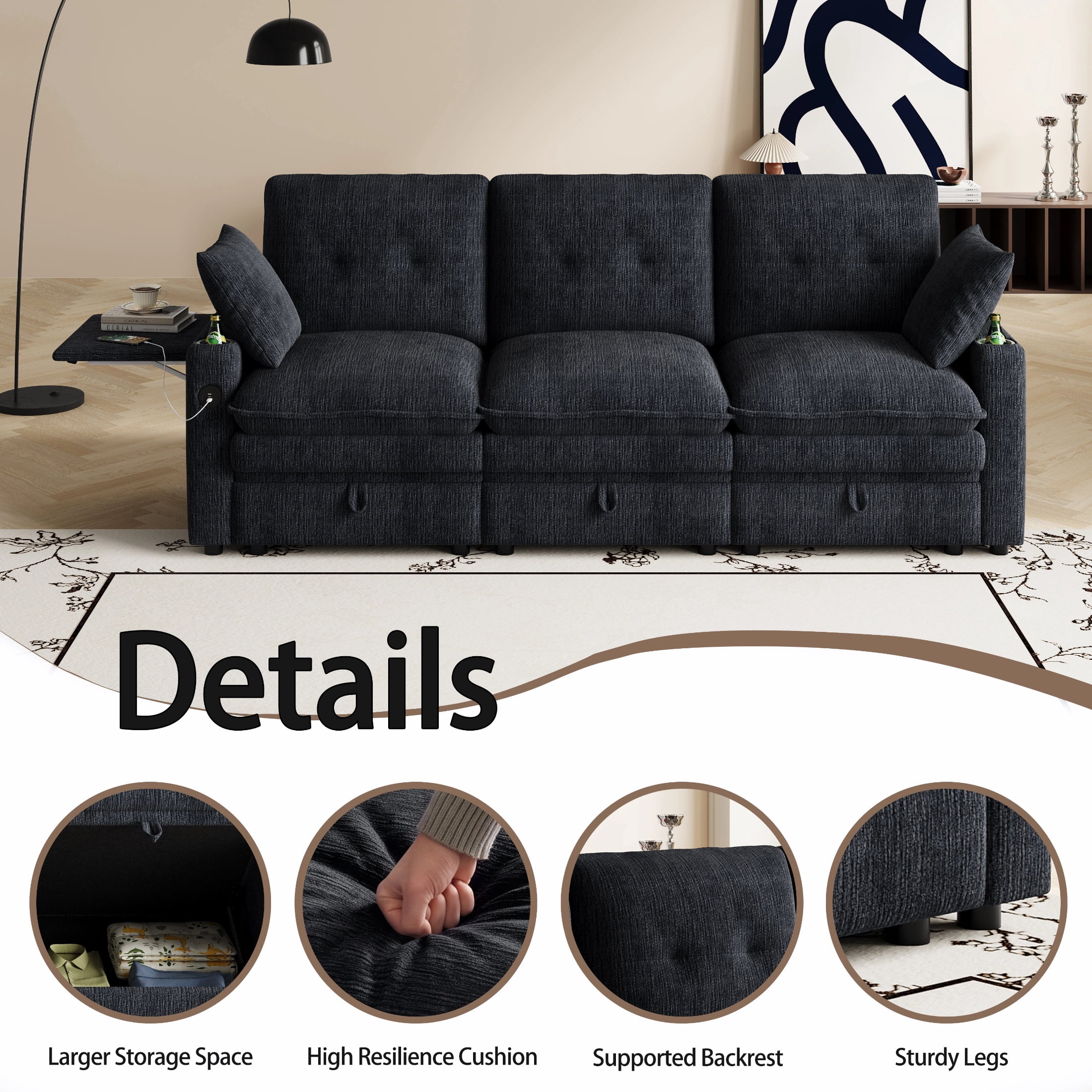 AISWORD 89" 3-in-1 Convertible Pull Out Sofa Bed, 6 Position Adjustable Sleeper Couch with USB Ports, Laptop Table, Cup Holders & Side Storage Pockets, Black