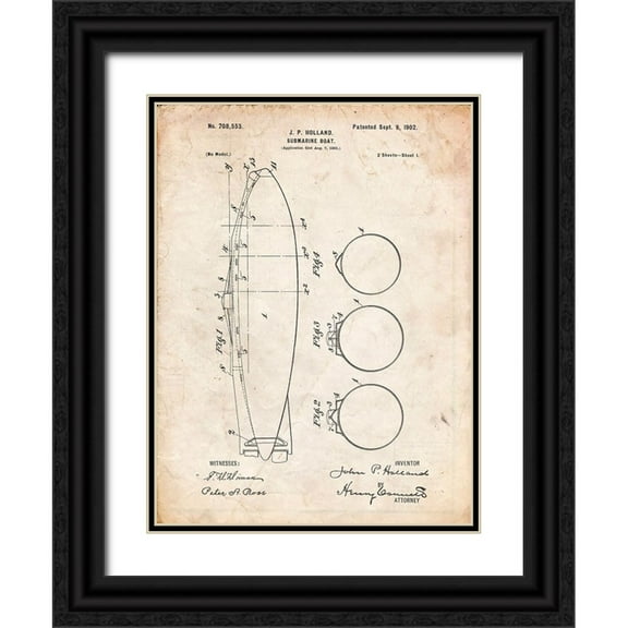 Borders, Cole 12x14 Black Ornate Wood Framed with Double Matting Museum Art Print Titled - PP602-Vintage Parchment Holland 1 Submarine Patent Poster
