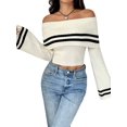 thumbnail image 2 of Womens Off One Shoulder Sweater Tops Summer Long Sleeve Stripe Casual Loose Knit Trendy Going Out Tops White S, 2 of 10