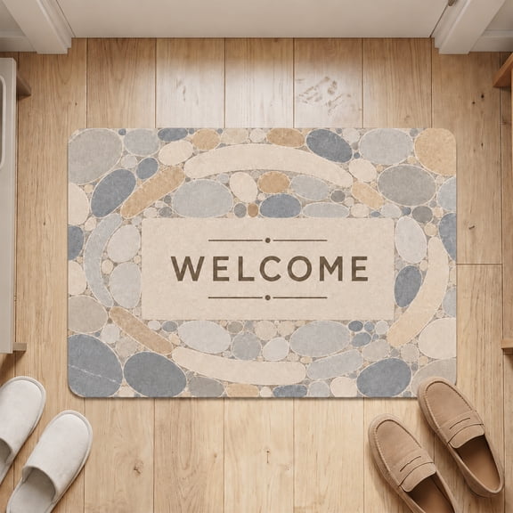 Pebble Stone Pattern WELCOME Doormat, Absorbent Diatomaceous Earth Entryway Rug, Non-Slip Fast Drying Front Door Mat, Neutral Stone Print Welcome Mat for Indoor/Outdoor Entrance, Bathroom, Living Roo