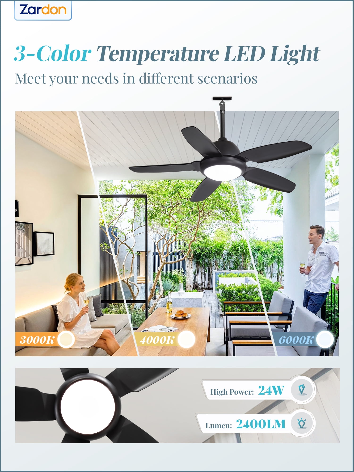 Zardon 42" Modern Outdoor Ceiling Fan with Light and Remote Control 6-Speed DC Motor, 3 Color Temperatures, Weather-Resistant for Outdoor, Black