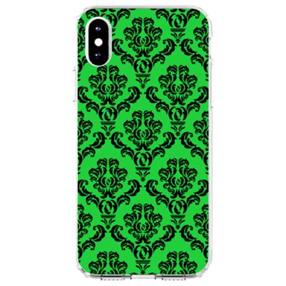 DistinctInk Clear Shockproof Hybrid Case for iPhone XS Max (6.5" Screen) - TPU Bumper, Acrylic Back, Tempered Glass Screen Protector - Green Black Damask Pattern - Floral Damask Pattern