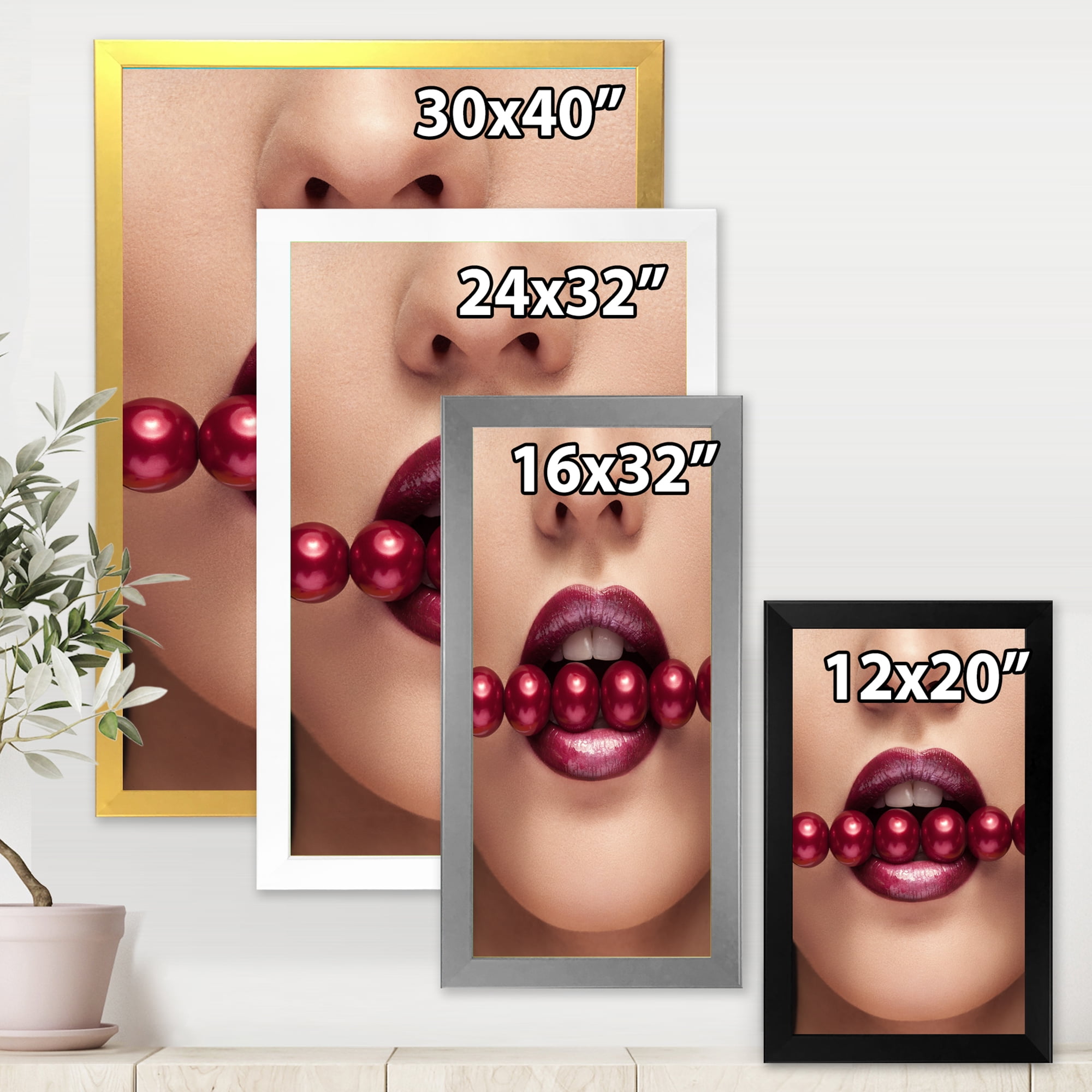Designart 'Girl With Red Pearls In Mouth In A Sensual Pose' Modern Framed Art Print