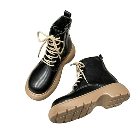 

Fesfesfes Thick Soles Mid-calf Boots Brunt Work Boots for Women Winter Side Zipper Trend Height Increase Short Boots Imitation Faux-Leather Short Boot 4.5(35)