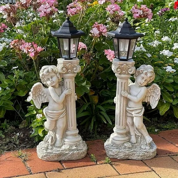 19.7 Inch Sunlight Angel Sculpture, Roman Pillar Angel Garden Statue, Outdoor Solar Path Light Garden Landscape Decoration (Right, Left)
