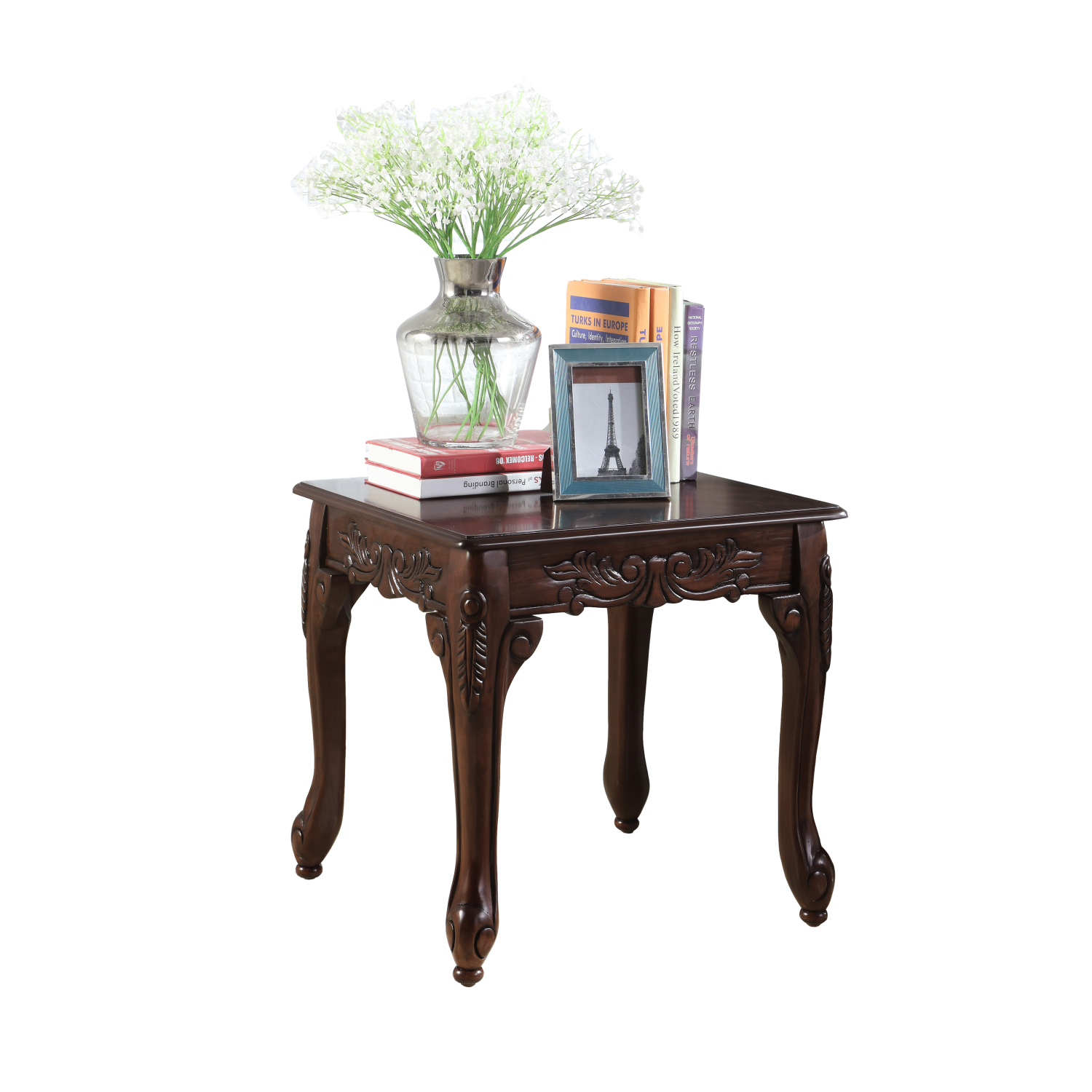 Traditional Wood End Table with Ornate Detailing and Dark Cherry Finish