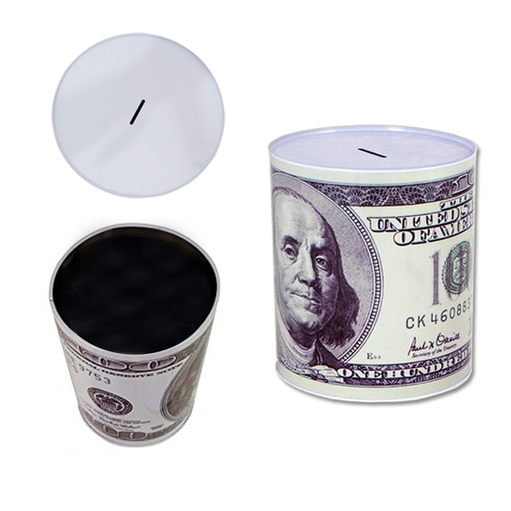 Tin Money Savings Piggy Bank with Ben Franklin $100 Bill Money Coin Saver 4/"