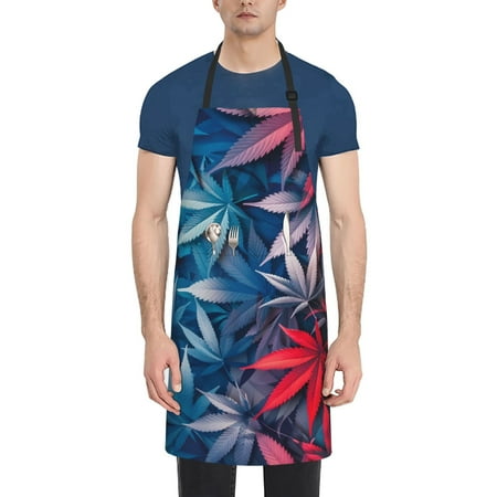 

Xecao Red And Blue Leaves Print Kitchen Cooking Aprons Waterproof Adjustable Bib Aprons with 2 Pockets for Women Men Chef