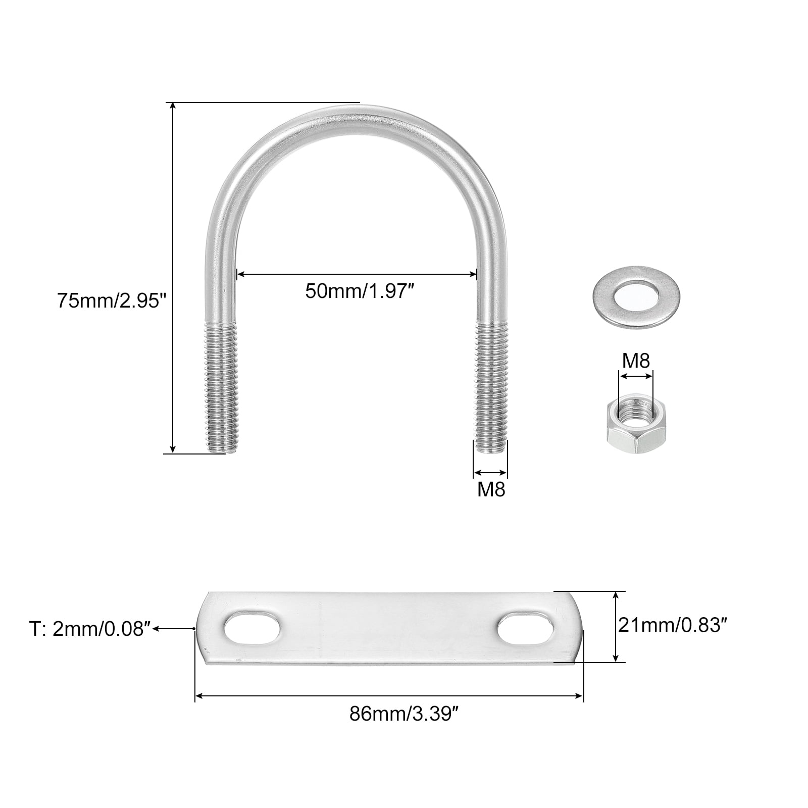 Round U-Bolts, 4 Sets 48mm(1.89") Inner Width 75mm Length M8 304 Stainless Steel U Clamp Bolt with Nuts and Plates