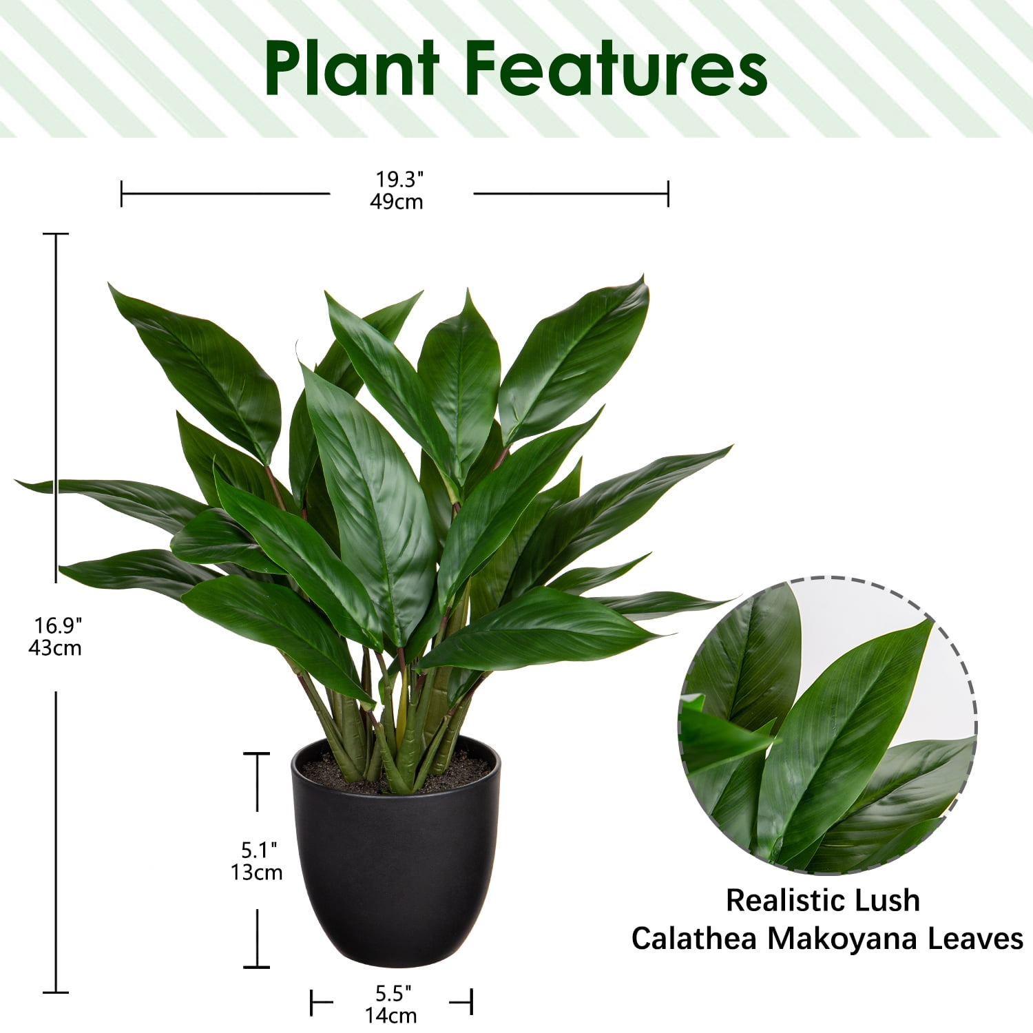 17'' Artificial Potted Plants Fake Greenery Cast Iron Plant Indoor Realistic Faux Plants with Black Pot Home Decor