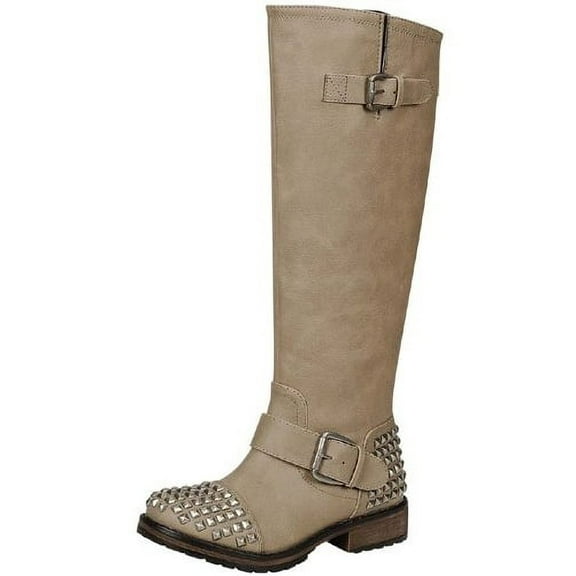 Studded Buckle Riding Knee High Boot Vegan Leatherette Beige